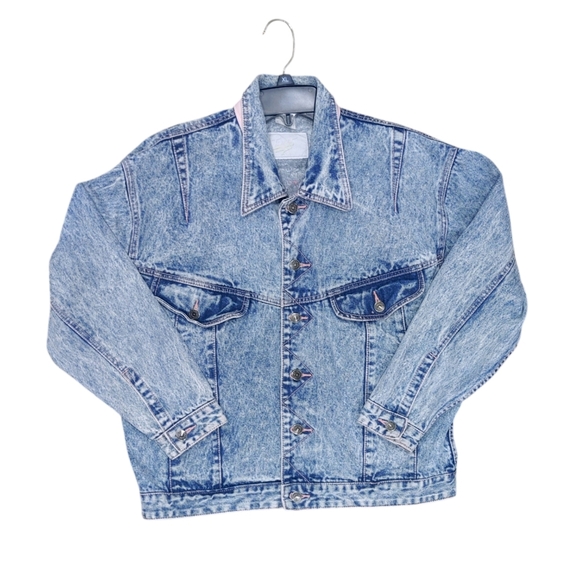 Vintage Jackets & Blazers - Vintage Taboo 1990s Acid Washed Denim Pink Thread Button Up Jacket Women Size XL